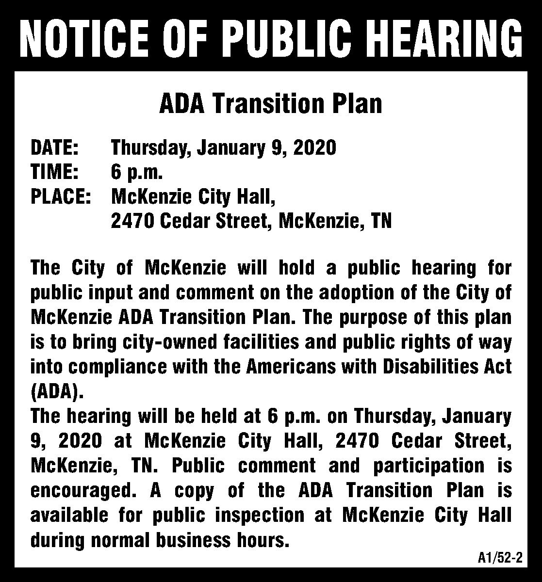 Notice of Public Hearing ADA Transition Plan The Mckenzie Banner